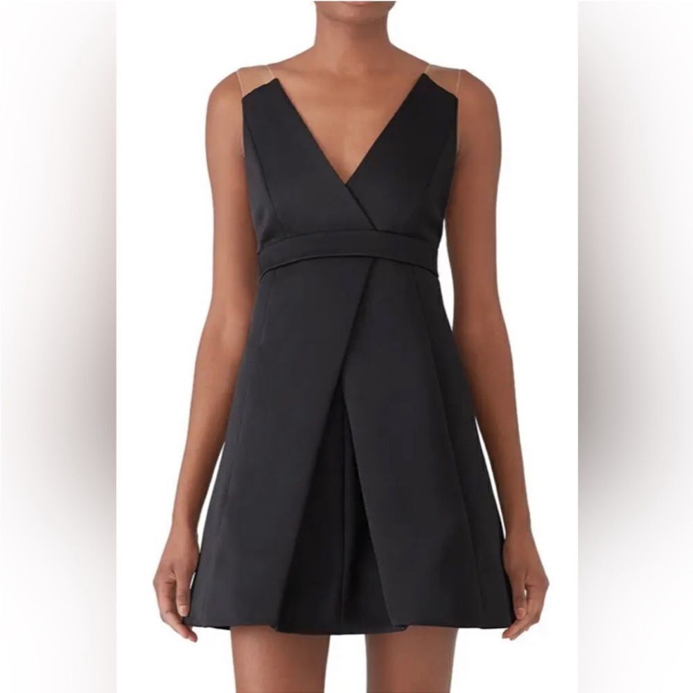 KAUFMANFRANCO Onyx Black Mini A-line Dress with V-neck & Mesh Top Strap LBD
